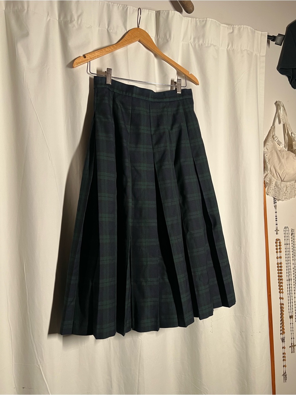 Vintage Blackwatch Pleated Midi Skirt - Dark Green & Navy